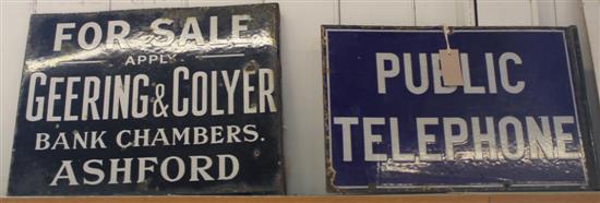 Two enamelled signs, Public Telephone & Geering & Colyer